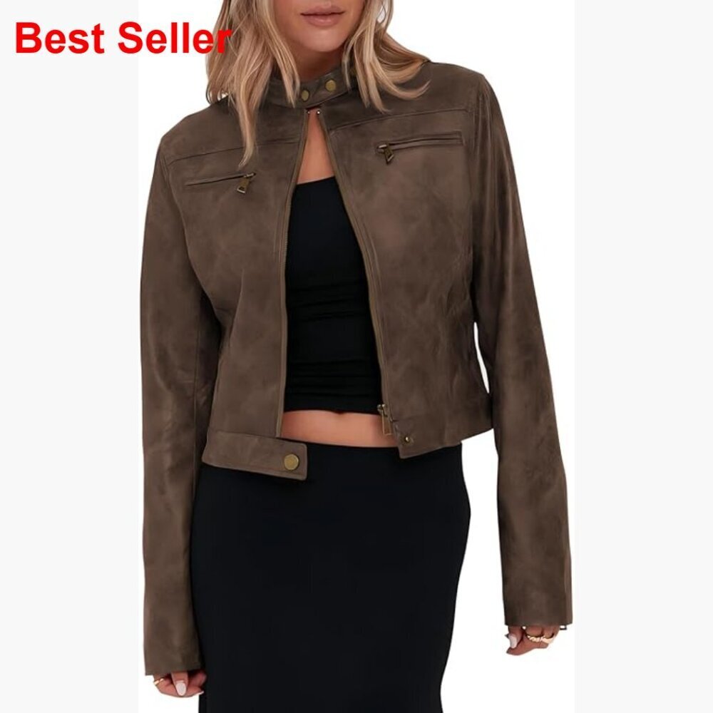 Faux Leather Cropped Jacket Vintage Motorcycle Zip Up Stand Collar